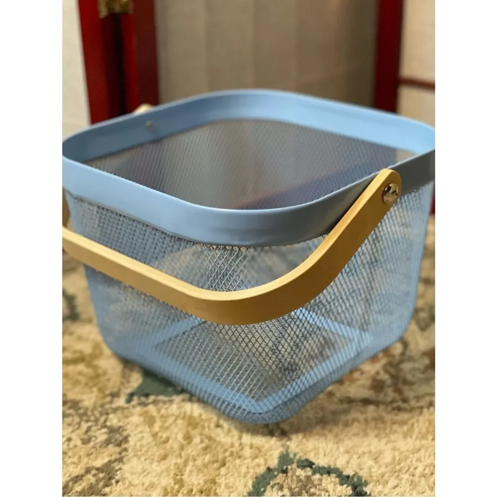 Blue & White Metal Storage Baskets with Natural Wood Handles - Home Accents